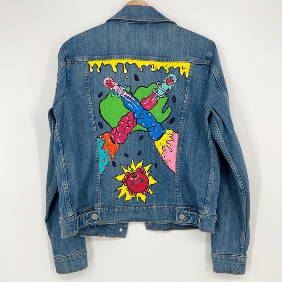 Levi's Jackets & Blazers - Levi’s OOAK Hand Painted Trucker Jean Jacket Womens Medium Denim Cherry Bomb